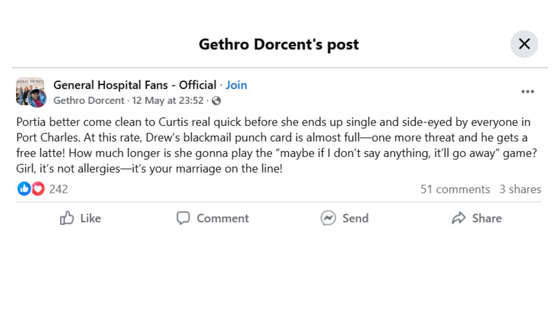 The Original Post by the fan (Image via Facebook/@Gethro Dorcent)
